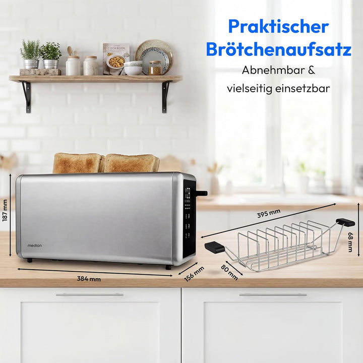 MEDION Toaster 4 Scheiben mit Brötchenaufsatz (7 Bräunungsstufen, 5 Automatikprogramme, 1.450 Watt,