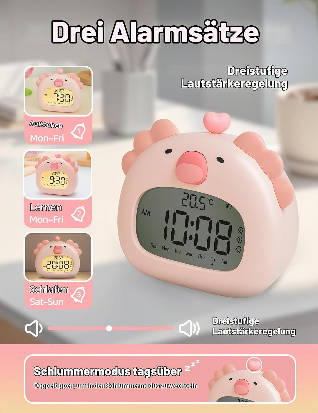 IHALO Cute Axolotl Kinderwecker, Nachttischwecker mit Nachtlicht, digitales LED-Display, 3,15 Zoll,
