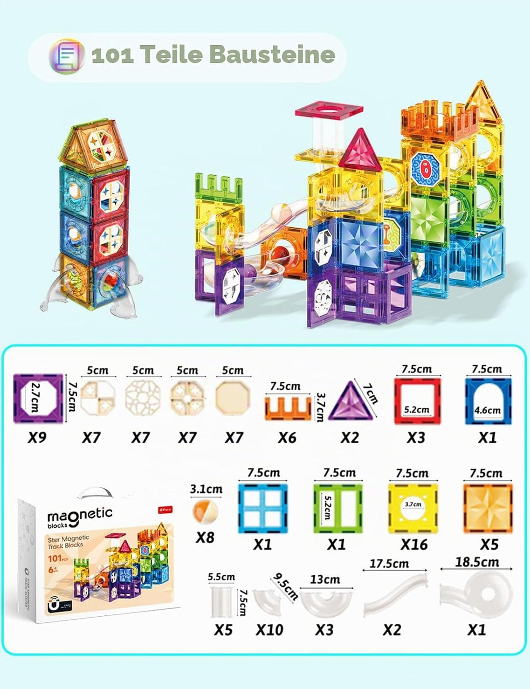 ROXENDA 101 Pcs Teile Magnetbausteine für Kinder ab 3 Jahren – Magnetspielzeug mit Sensorikfunktion,