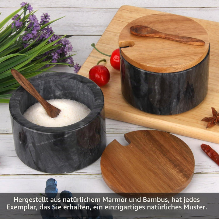 Salzstreuer Marmor mit Holzdeckel und Löffel Salz- oder Pfefferstreuerschale aus Stein, Gewürzbehält
