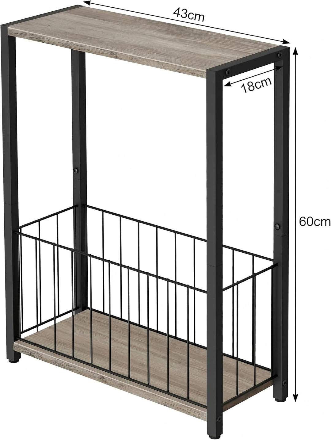 Schmaler Beistelltisch mit Zeitschriftenhalter, Greige-schwarz | Eisenrahmen und MDF-Platte, 18 x 43