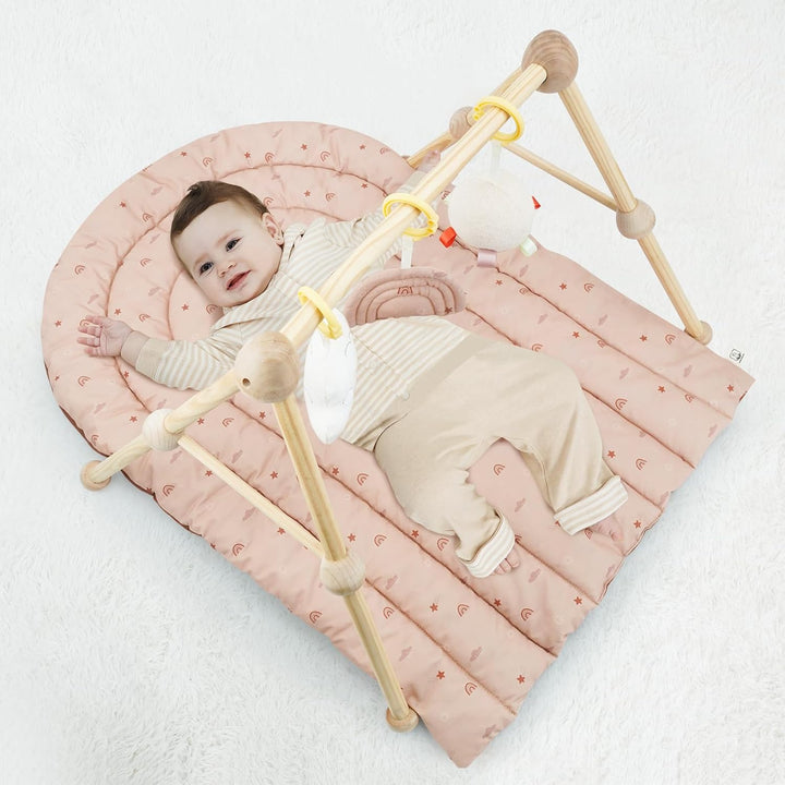 4 IN 1 Spielbogen Baby, Spielmatte Babies mit Natur Holz Activity Spielbogen, 3 abnehmbaren Spielzeu