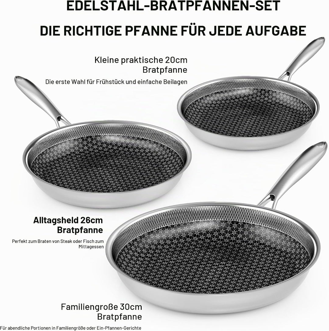 RIOVARM Edelstahl Bratpfannen Set Induktion Antihaft Pfannenset 20cm 26cm 30cm Wok Pfanne mit Edelst