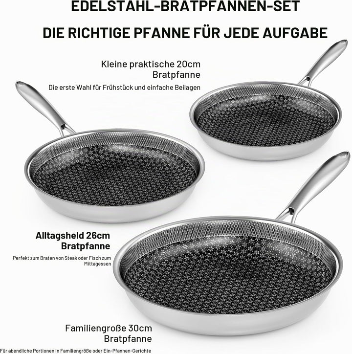 RIOVARM Edelstahl Bratpfannen Set Induktion Antihaft Pfannenset 20cm 26cm 30cm Wok Pfanne mit Edelst