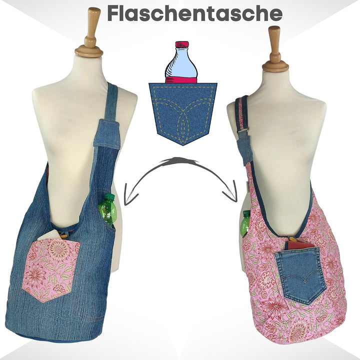 Sunsa Damen nachhaltige Hobo Tasche. Umhängetasche aus recycelte Jeans &amp; Baumwolle. Boho Blumig Cros