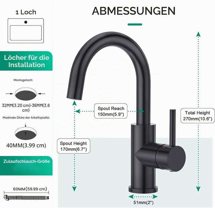CREA Wasserhahn Küche, 360° Drehbare Küchenarmatur für Kleine Küche, Mischbatterie für Küche oder Ba