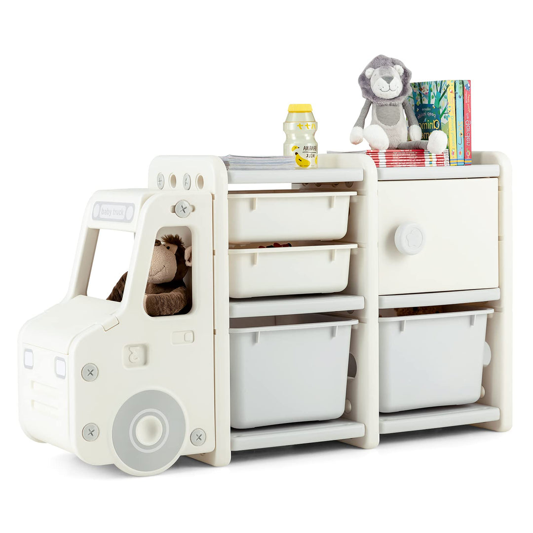 GOPLUS Kinderregal in Autoform, Multifunktionales Spielzeugregal mit 4 Boxen & 1 Schrank, Aufbewahru
