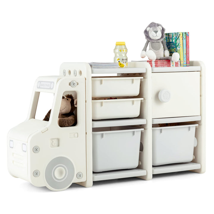 GOPLUS Kinderregal in Autoform, Multifunktionales Spielzeugregal mit 4 Boxen & 1 Schrank, Aufbewahru