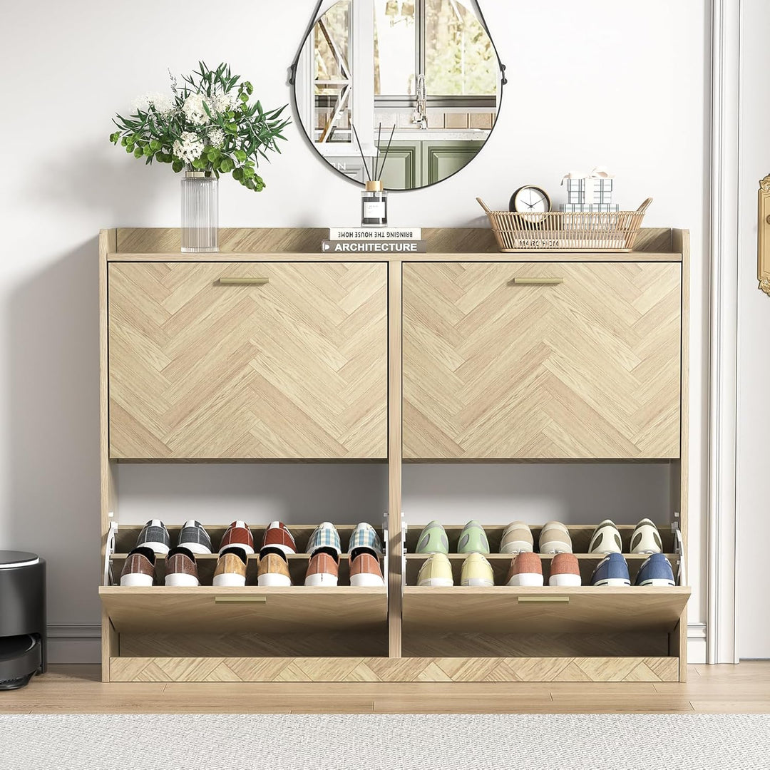 Fischgrätmuster Schuhschrank mit 4 Schublade Holz Schuhkipper für 24-28 Paar Schuhe, Schuhregal mit