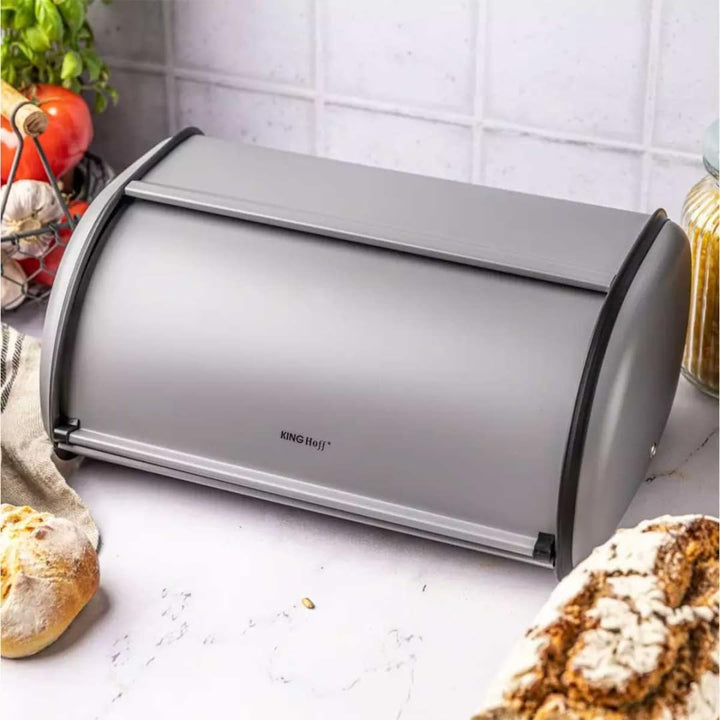 KING HOFF Brotkasten Brotbox Brotbehälter Brotdose aus Stahl (Grau Gross), Grau Groß