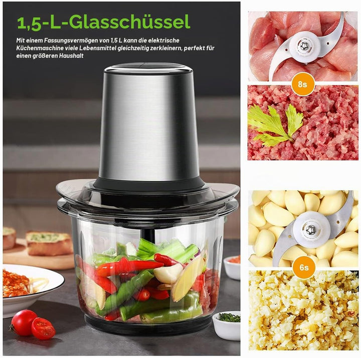 Zerkleinerer Küche Elektrisch, Multizerkleinerer Elektrisch 400W mit 1.5L Glasbehälte, Food Processo