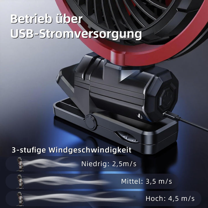 Auto Clip Ventilator,USB C Leise Fan Portable Klein Klemmventilator,360° Verstellbar 3 Stufen Stark