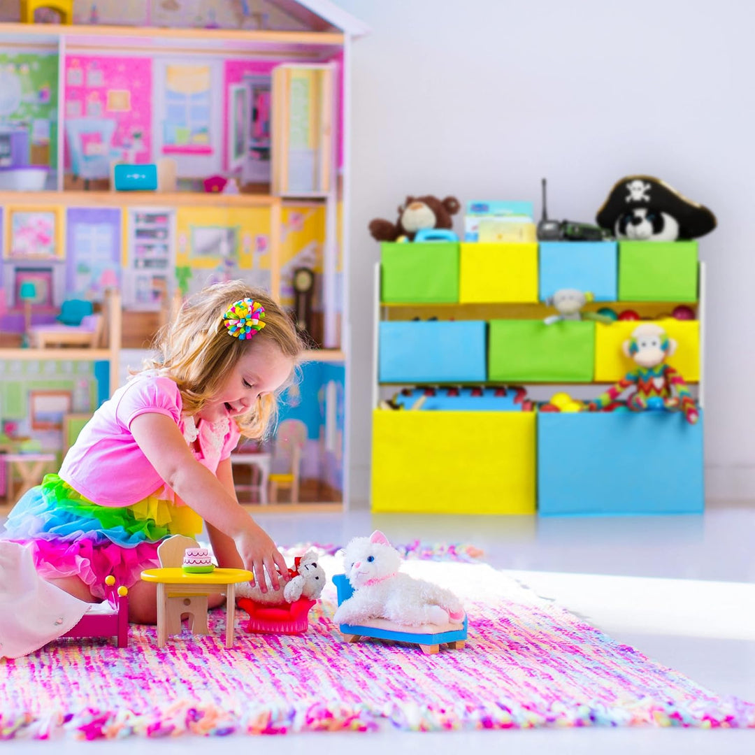 Relaxdays Kinderregal mit 9 Stoffboxen, Lagerfeuer Kindermotiv, Spielzeugregal Organizer HBT 66 x 82