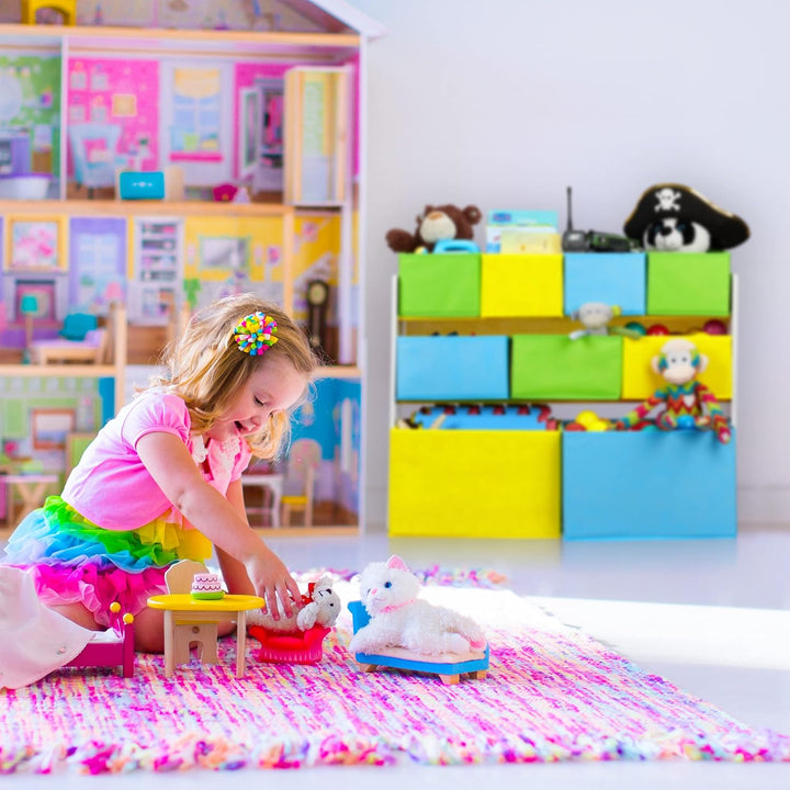 Relaxdays Kinderregal mit 9 Stoffboxen, Lagerfeuer Kindermotiv, Spielzeugregal Organizer HBT 66 x 82