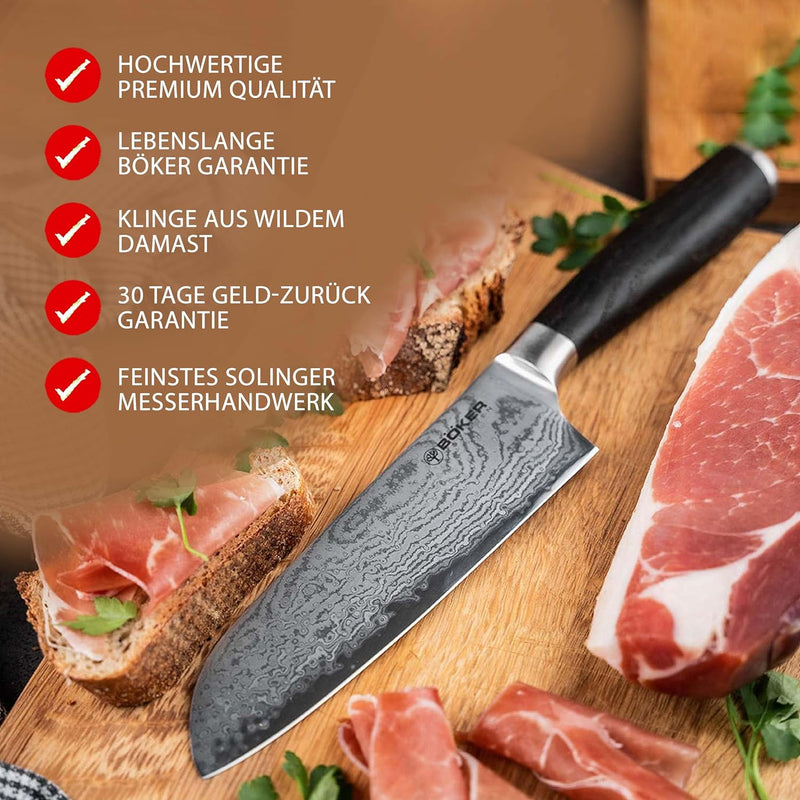 Böker SOLINGEN® Meisterklinge Damast Santoku - extrem scharfes Profi Kochmesser mit 16,5 cm Hybrid D