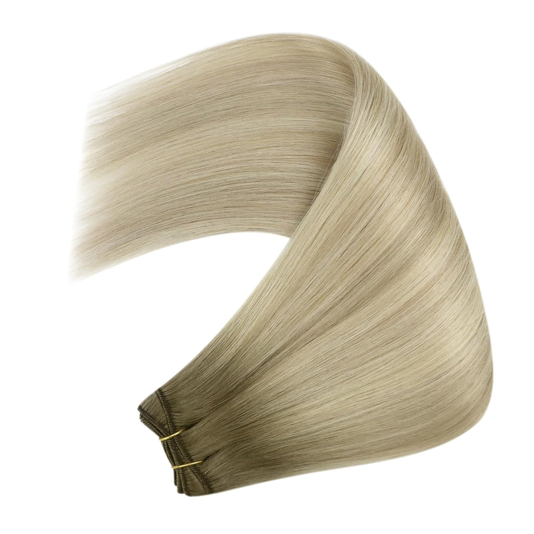 YoungSee Echthaar Tressen zum Einnahen Blond 55cm Tressen Echthaar Aschblond Ombre Blond Haartressen
