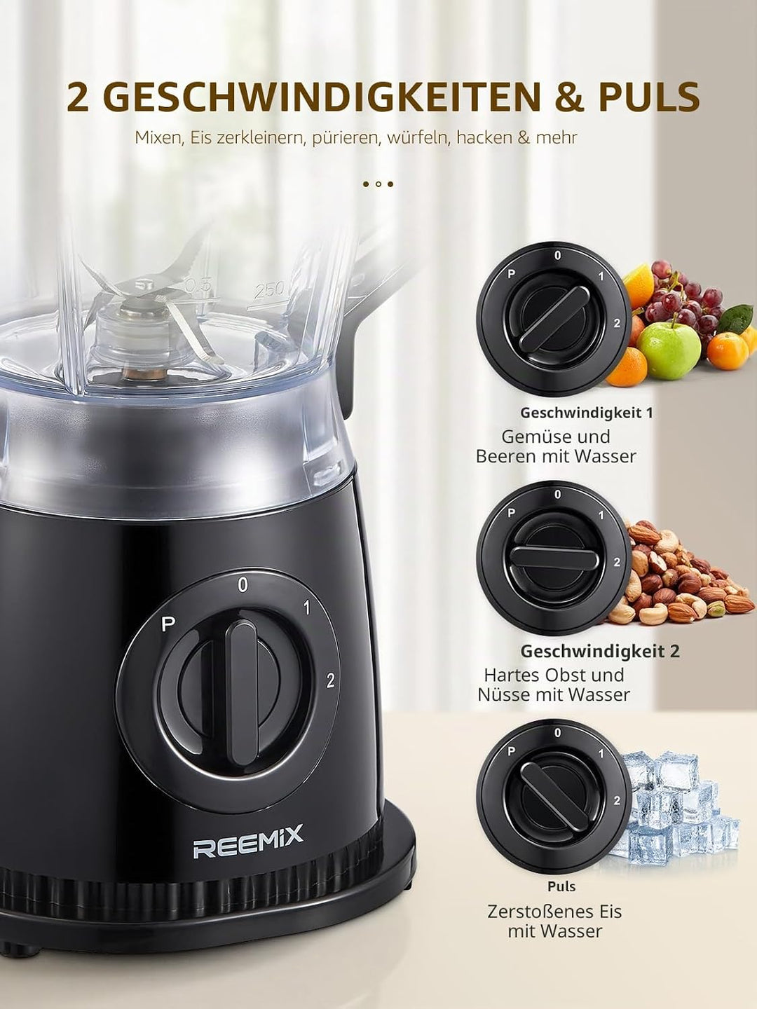 Standmixer 500W, 1,5 L Mixer mit 2 Geschwindigkeitsstufen & Pulsfunktion, Edelstahlmesser, abnehmbar