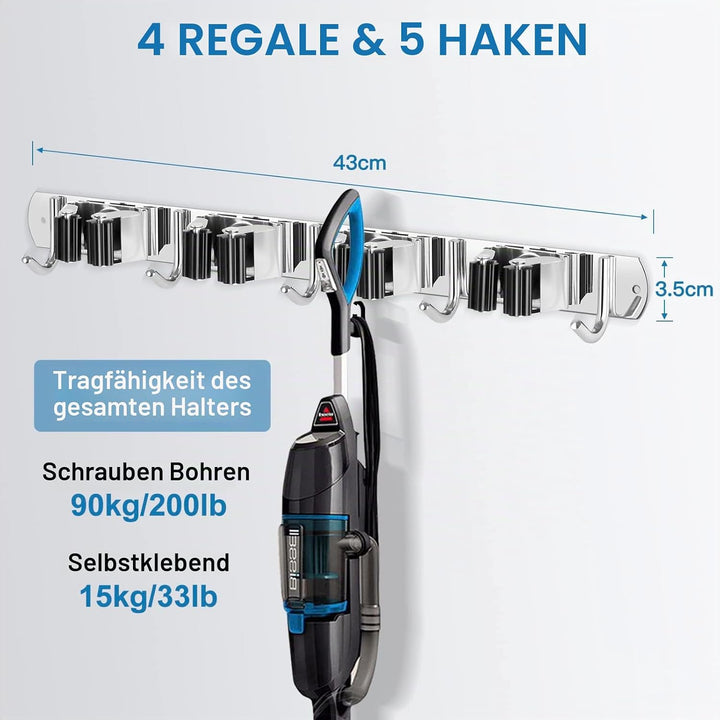 ibell 2 Stück Besenhalterung Wand, Gerätehalter Edelstahl mit 4 Halter und 5 Haken, Gartengerätehalt