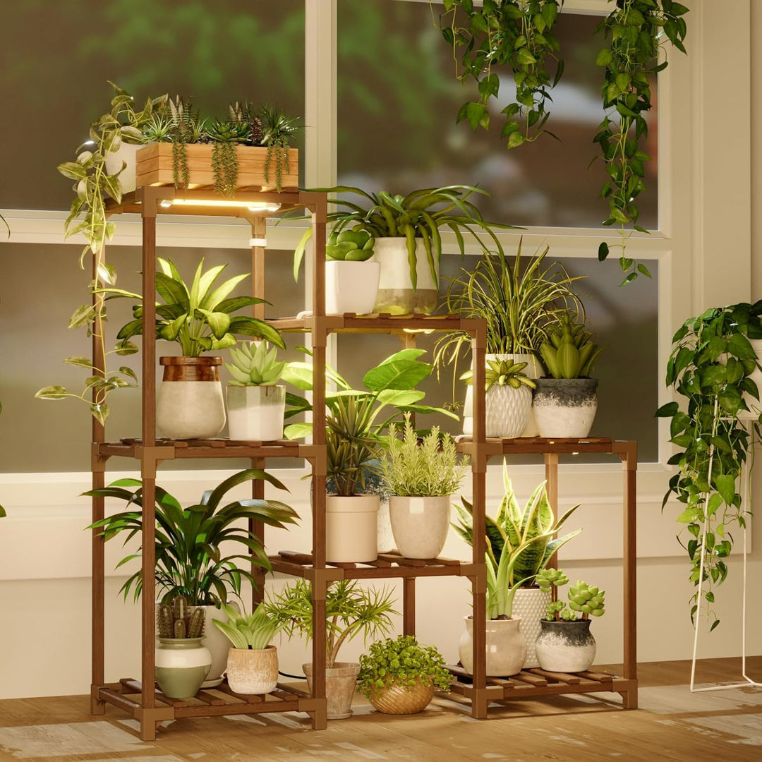 Bamworld Blumenständer mit Pflanzenlampe, 6-stöckiges Pflanzenregal aus Holz mit LED Grow Light, Pfl