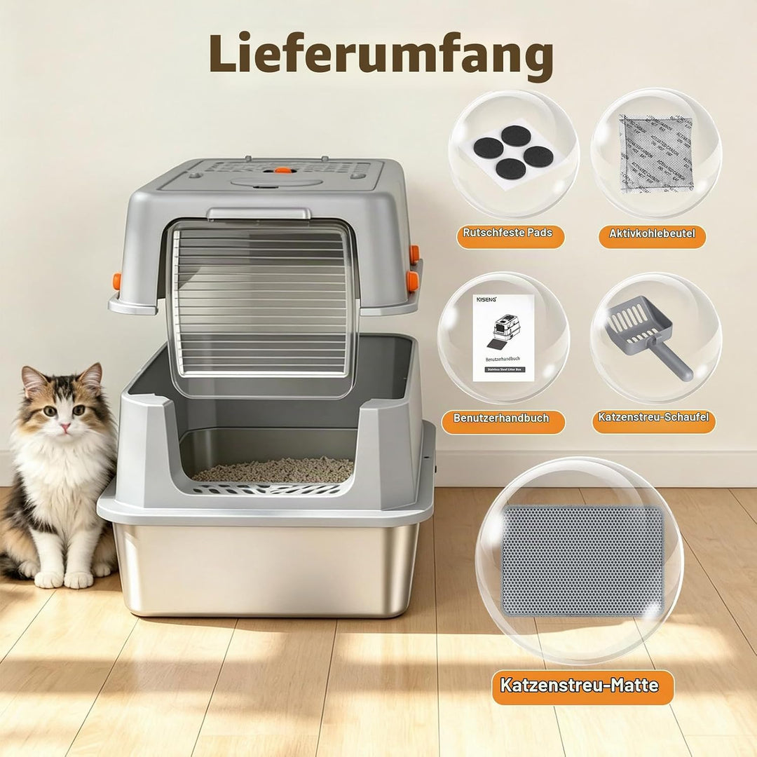 Edelstahl-Katzentoilette mit Deckel – hohe Seitenwände, geschlossene Metallwanne, Kratzfest &amp; urindi