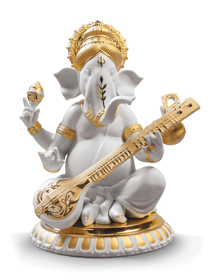 LLADRÓ Figur Veena Ganesha. Gold. Veena. Porzellan.
