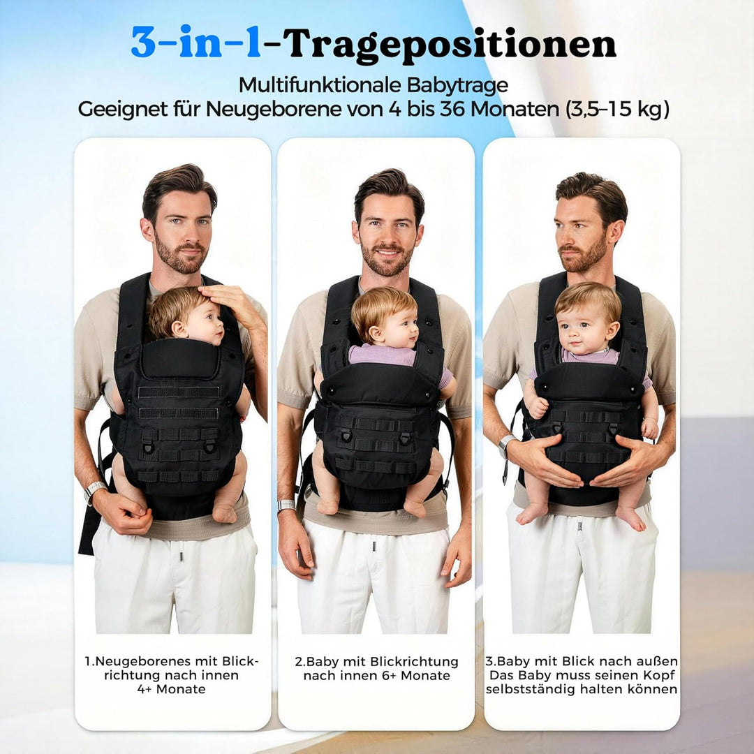 Taktische Babytrage für Väter, Baby Carrier für Kleinkind (4-36 Monate) - 3-in-1 Ergonomische M-Trag