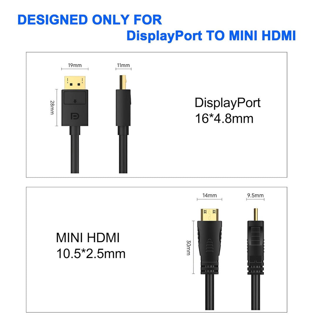4K@60Hz DisplayPort auf Mini HDMI Kabel, DP zu MINI HDMI 1,8m Kabel 3D 1080P 3840x2160 2K@120Hz UHD