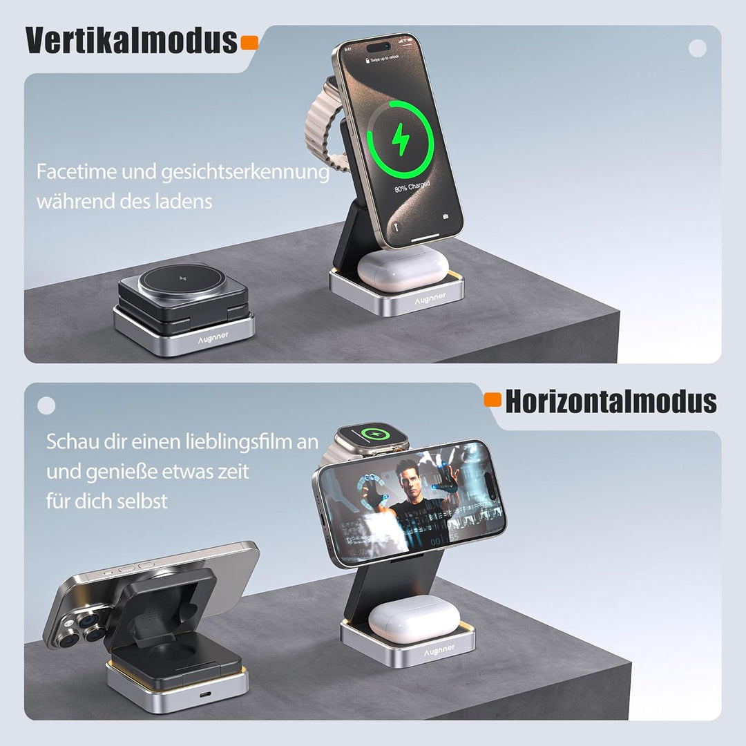 3 in 1 Induktive Ladestation Kompatibel mit MagSafe, Faltbar Kabelloses Ladegerät für Apple Watch un