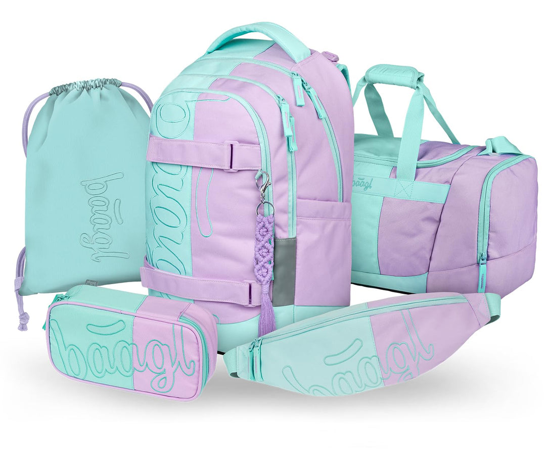 Baagl Schulrucksack Set Jungen Mädchen Teenager 5 Teilig, (Skateboard Rucksack Skate MAX, Mäppchen,