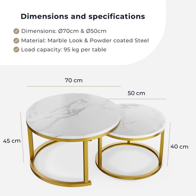 HeyHeaven® Couchtisch rund Marmor 2er Set – Runder Couch Tisch in Weiss Marmor Optik mit Golg Metall