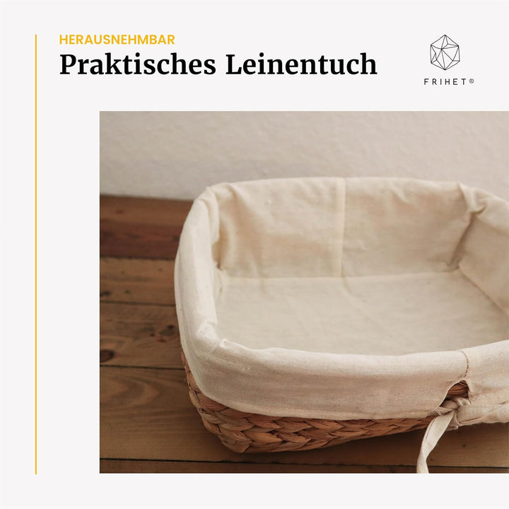 FRIHET eckige Brotkörbchen aus Wasserhyazinthe | Rustikaler Brotkorb | Brötchenkorb mit Stoff | Bröt