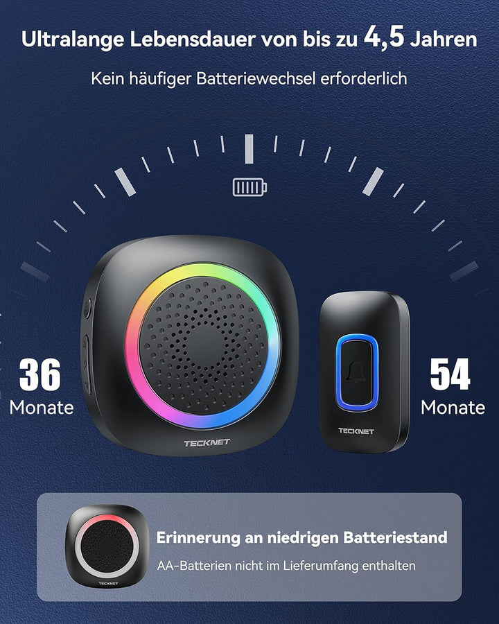 TECKNET Funkklingel, Funkklingel Aussen Wasserdicht 2 Empfänger Mit RGB Licht, 60 Melodien, IP66 Fun