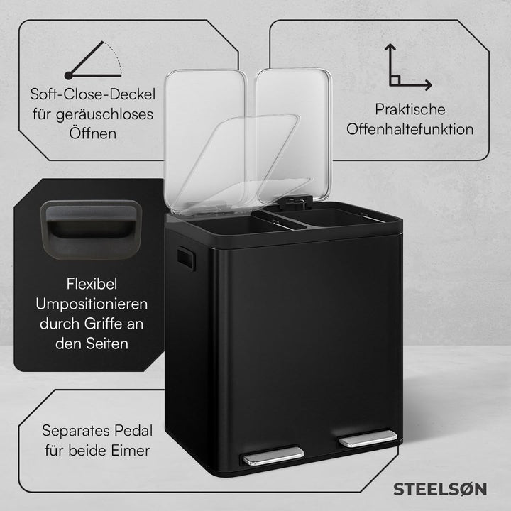 STEELSØN Epsilon Mülleimer 2 Fächer – Mülltrennsystem Küche 2x15L aus Edelstahl Schwarz – Tretmüllei