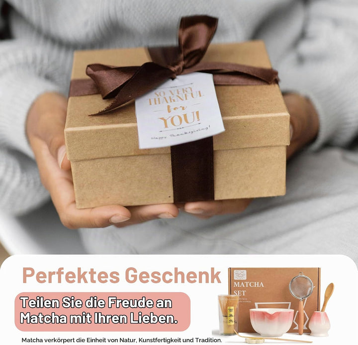 Premium Matcha Set 7-teilig – Exklusives Teezeremonie-Set mit Bambus-Chasen (Besen),Rosa Keramik-Sch