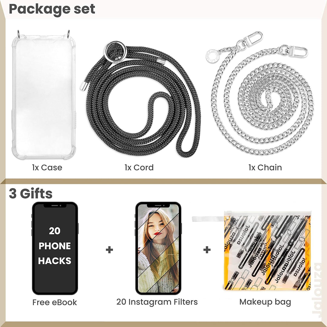 Jalouza Handykette, Kordel & Hülle Bundle kompatibel mit iPhone 12 & 12 Pro - Gliederkette in Silber