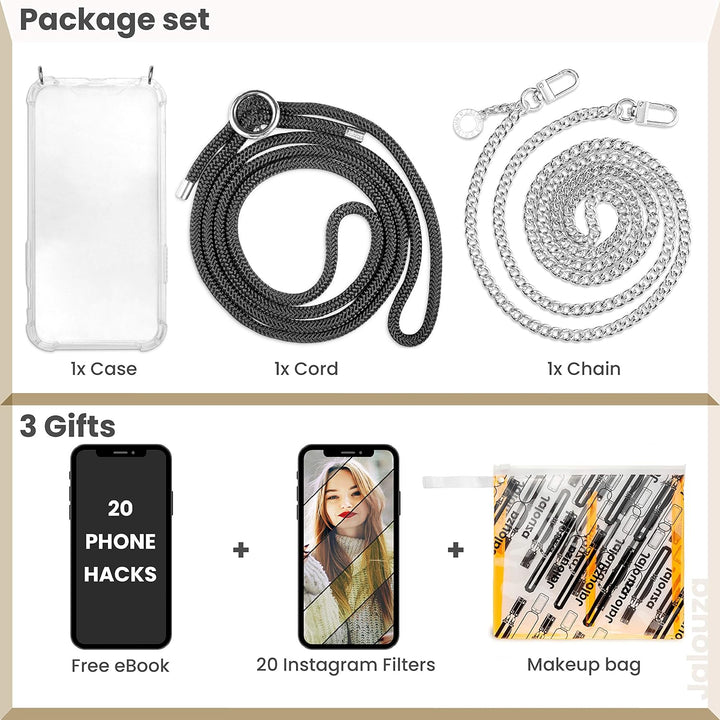 Jalouza Handykette, Kordel & Hülle Bundle kompatibel mit iPhone 12 & 12 Pro - Gliederkette in Silber