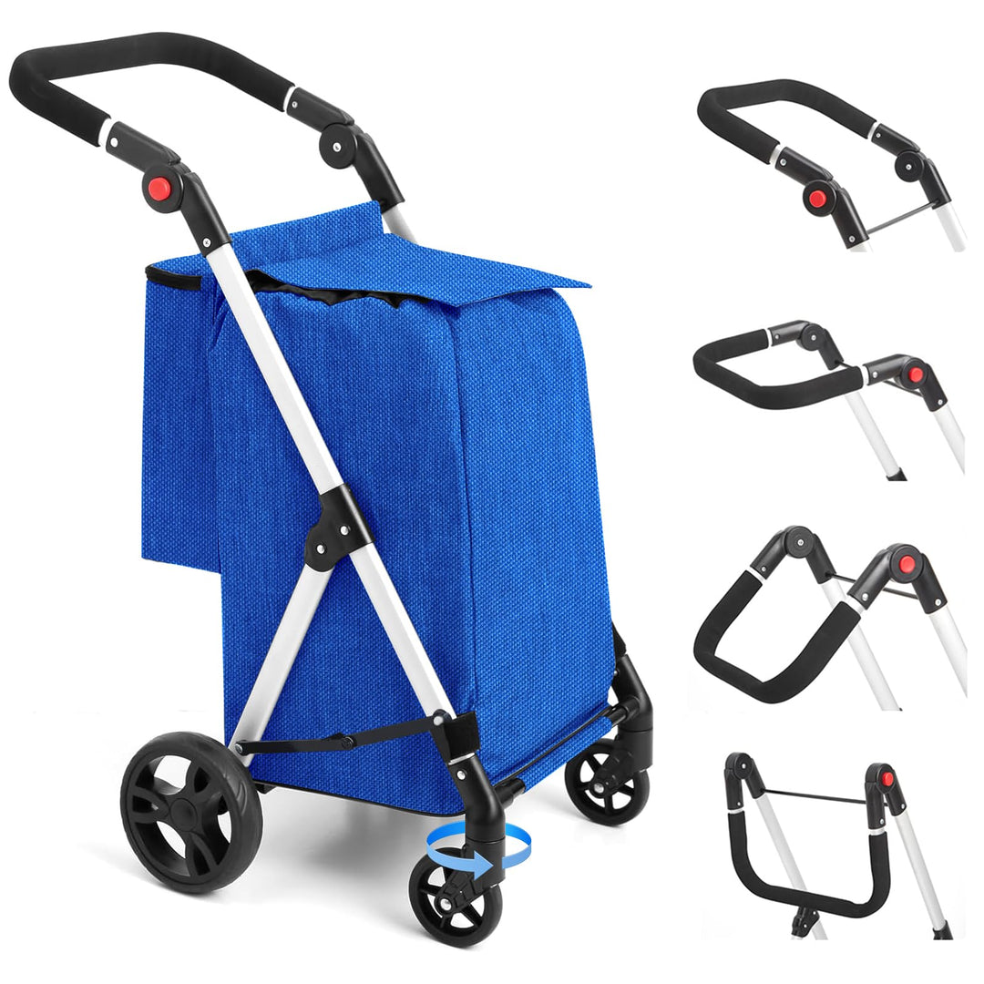 Einkaufstrolley, 46L Trolly Einkaufswagen Klappbar, 4 Rädern Aluminium Leichtgewicht Einkaufstrolley