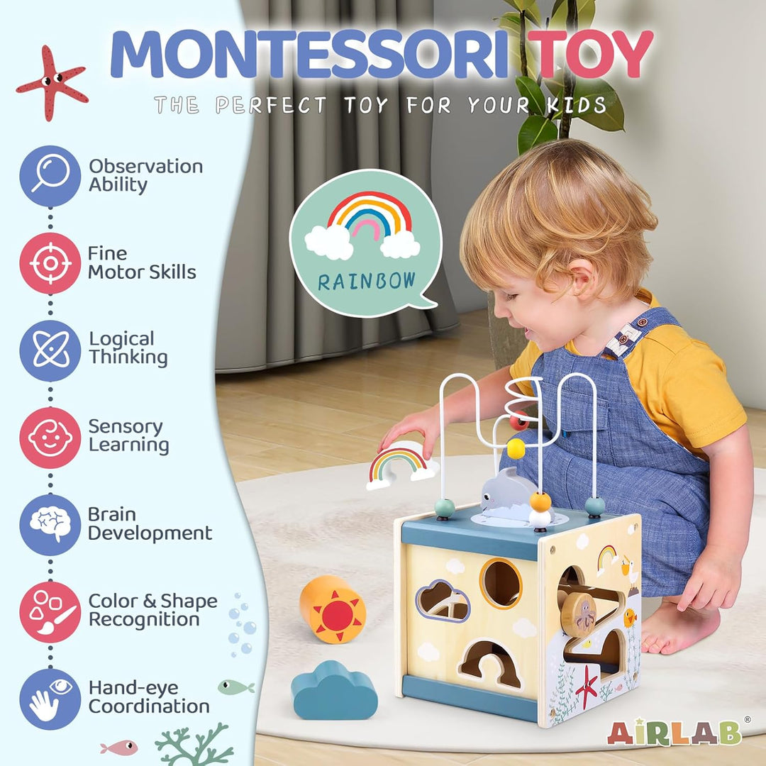 Airlab Motorikwürfel ab 1 Jahr, Motorikspielzeug Baby Activity Würfel, Montessori Spielwürfel für Ki