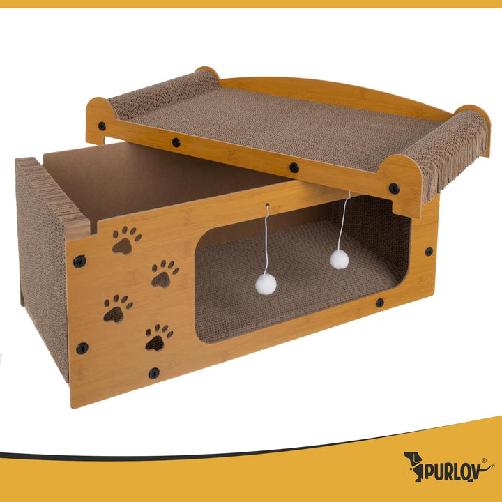 Purlov Katzen Kratzhaus 3-in-1 mit 2 Ebenen – HDF & extra Feste Wellpappe, Liegeplatz + Kratzfläche
