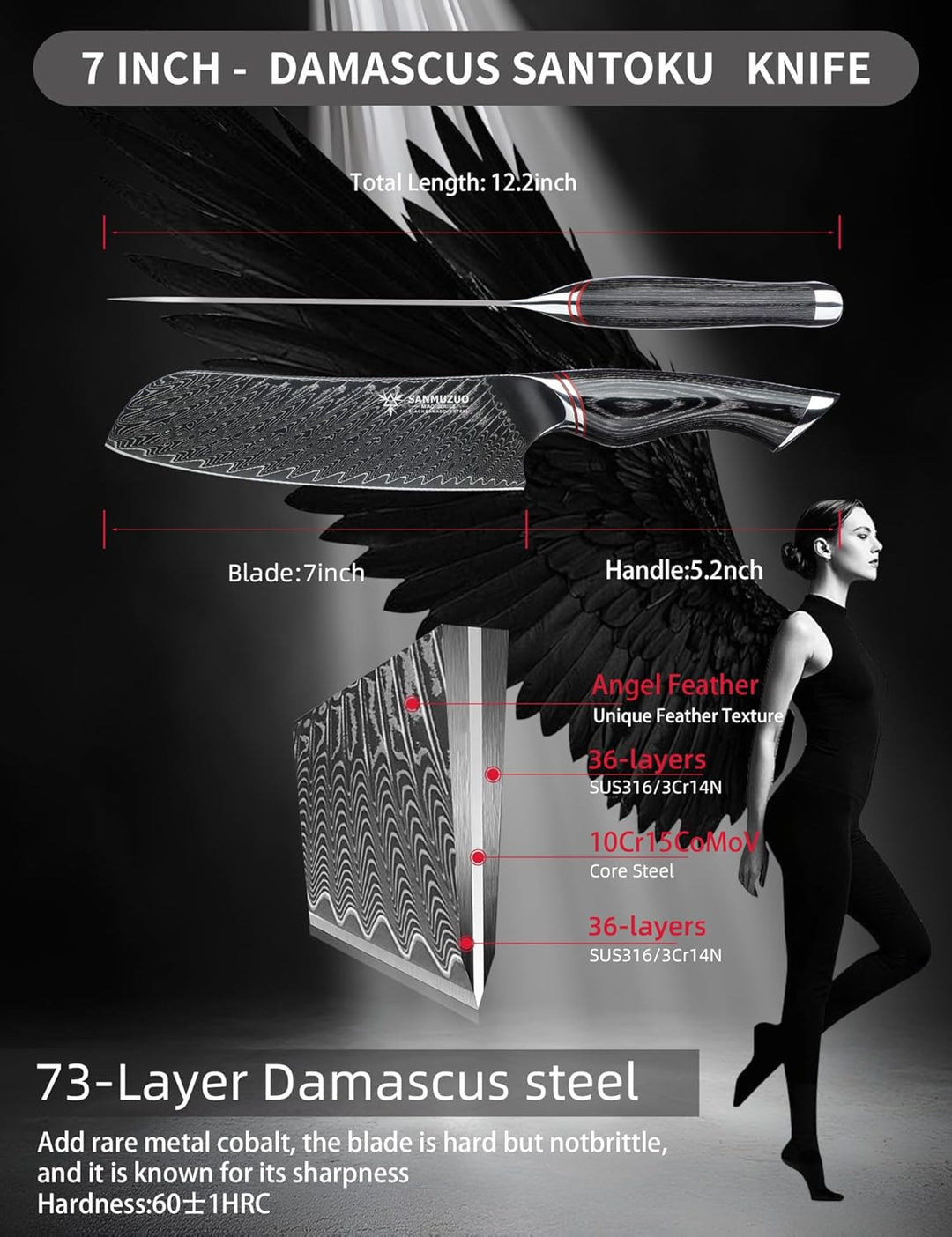 Japanisches 18 cm Santokumesser – Kochmesser – Schwarzer Damaststahl mit ergonomischem Griff – Miao