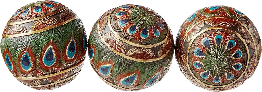 Design Toscano Pfauenfederkugeln Dekorative Akzentkugeln, 8 cm, Set of Three, Vollfarbe, Dekorative