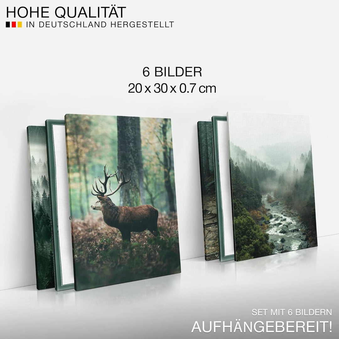 Novart Wandbilder Set - KOMPLETT AUFHÄNGFERTIG - Made in Germany - Moderne Bilder Wald Hirsch Wohnzi