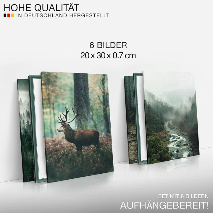 Novart Wandbilder Set - KOMPLETT AUFHÄNGFERTIG - Made in Germany - Moderne Bilder Wald Hirsch Wohnzi
