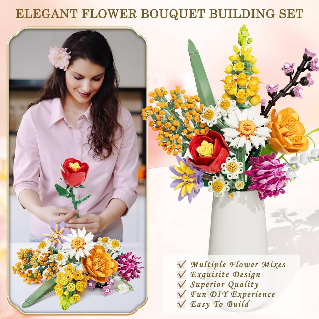 Blumen Bausteine Set für Erwachsene, 1070 Stück Blumenstrauss, künstliche Blume Bauklötze Bausatz Sp