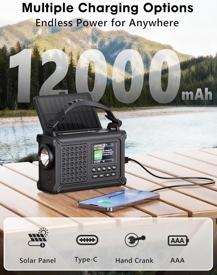 ROCAM Kurbelradio DAB+/UKW, Tragbare Notfallradio 12000mAh mit 8500mm² Solarpanel & 650mA Kurbel, Di