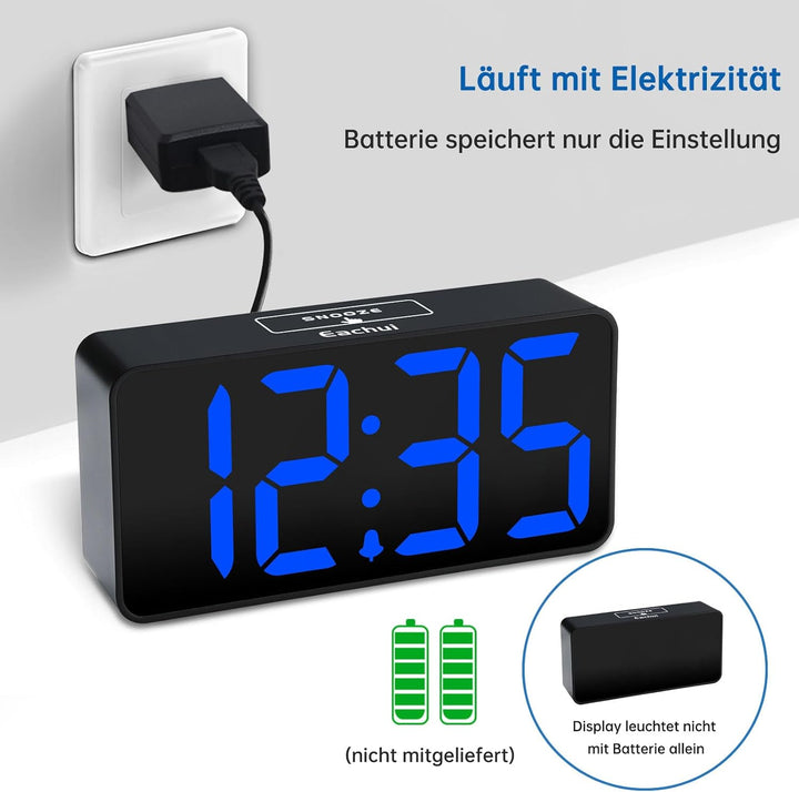 Eachui LED Digitaler Wecker mit USB-Ladeanschluss, Grosse Ziffern Display, Lauter Alarm, Helligkeit