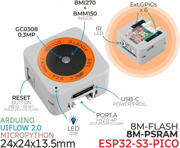 M5Stack ATOMS3R Cam | ESP32-S3-PICO GC0308 Camera| Camera IoT Development Kit | Entwicklungsset
