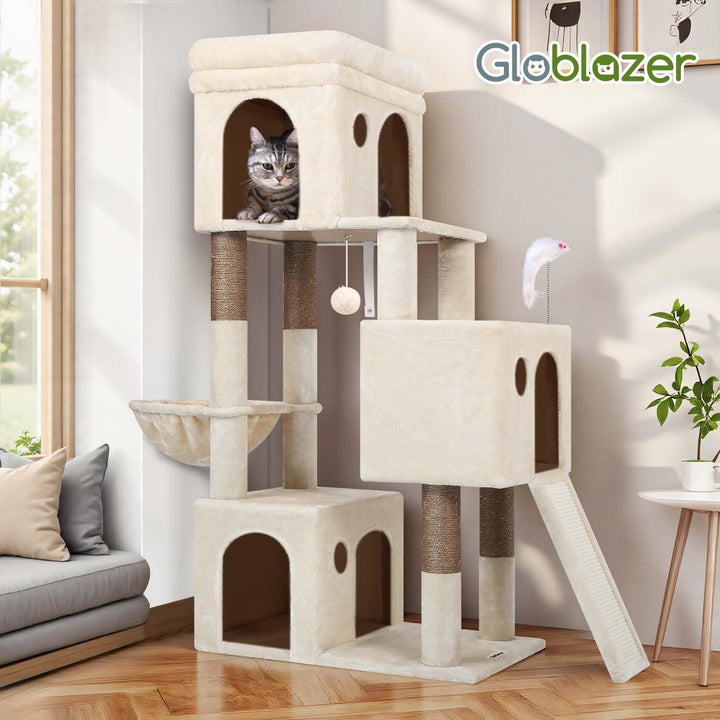 Globlazer Kratzbaum Beige für 2-4 Katzen mit 3 Grosse Katzenhaus 40*33*35cm, Weich Katzenkorb, Kratz