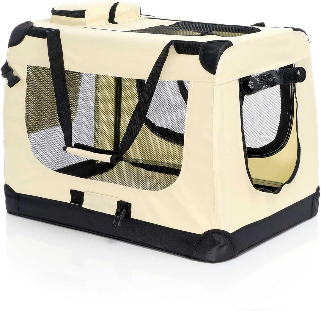 Fudajo Faltbare Transportbox in Beige für Haustiere, Grösse L (70x52x50cm), Tragegriff, Liegedecke