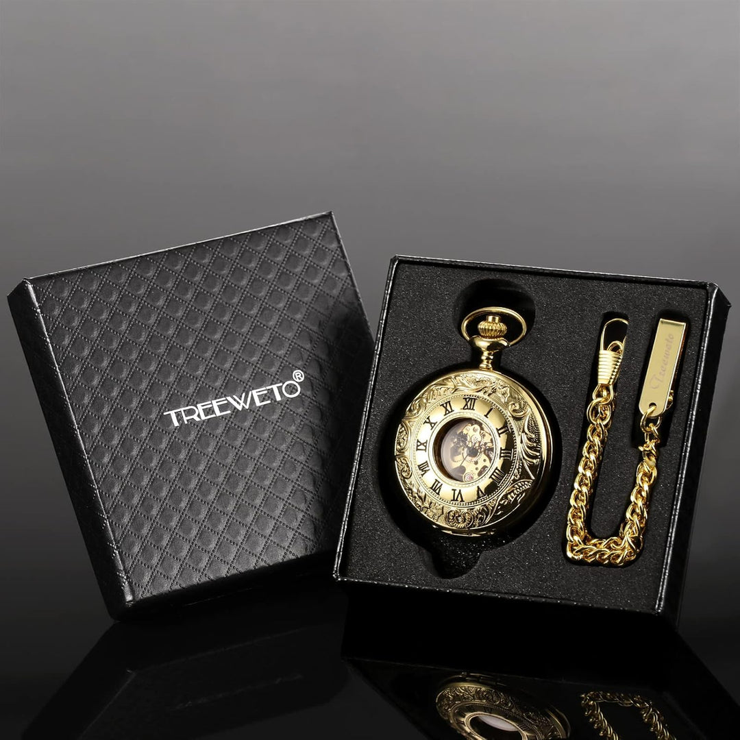 TREEWETO Unisex Taschenuhr mit Kette Analog Handaufzug Doppelscharnier Römische Ziffern Gold/Silber